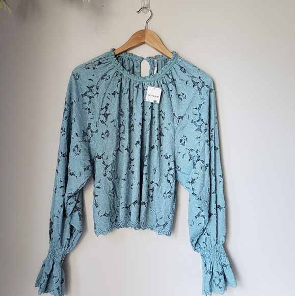 Free People Tops - Free People | Floral Lace Scoop Neck Scalloped Hem Pirate Sleeve Blouse Top